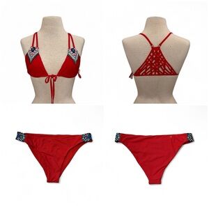 Red Carter Bohemian Braided Strappy adjustable Bikini Set Sz Medium Resort Beach